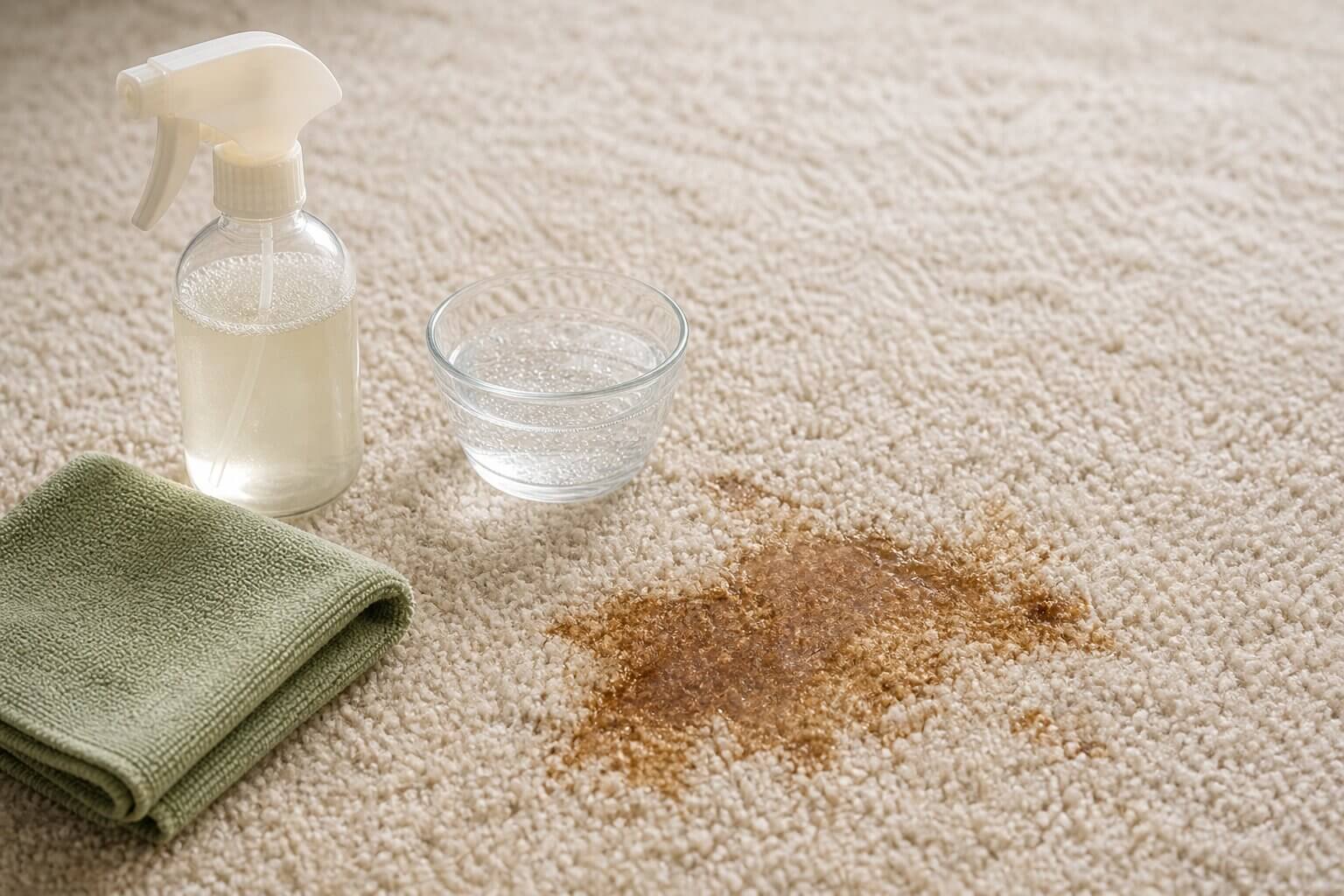 Eco-friendly carpet spill emergency kit with white vinegar, baking soda, enzyme cleaner, and white cloths