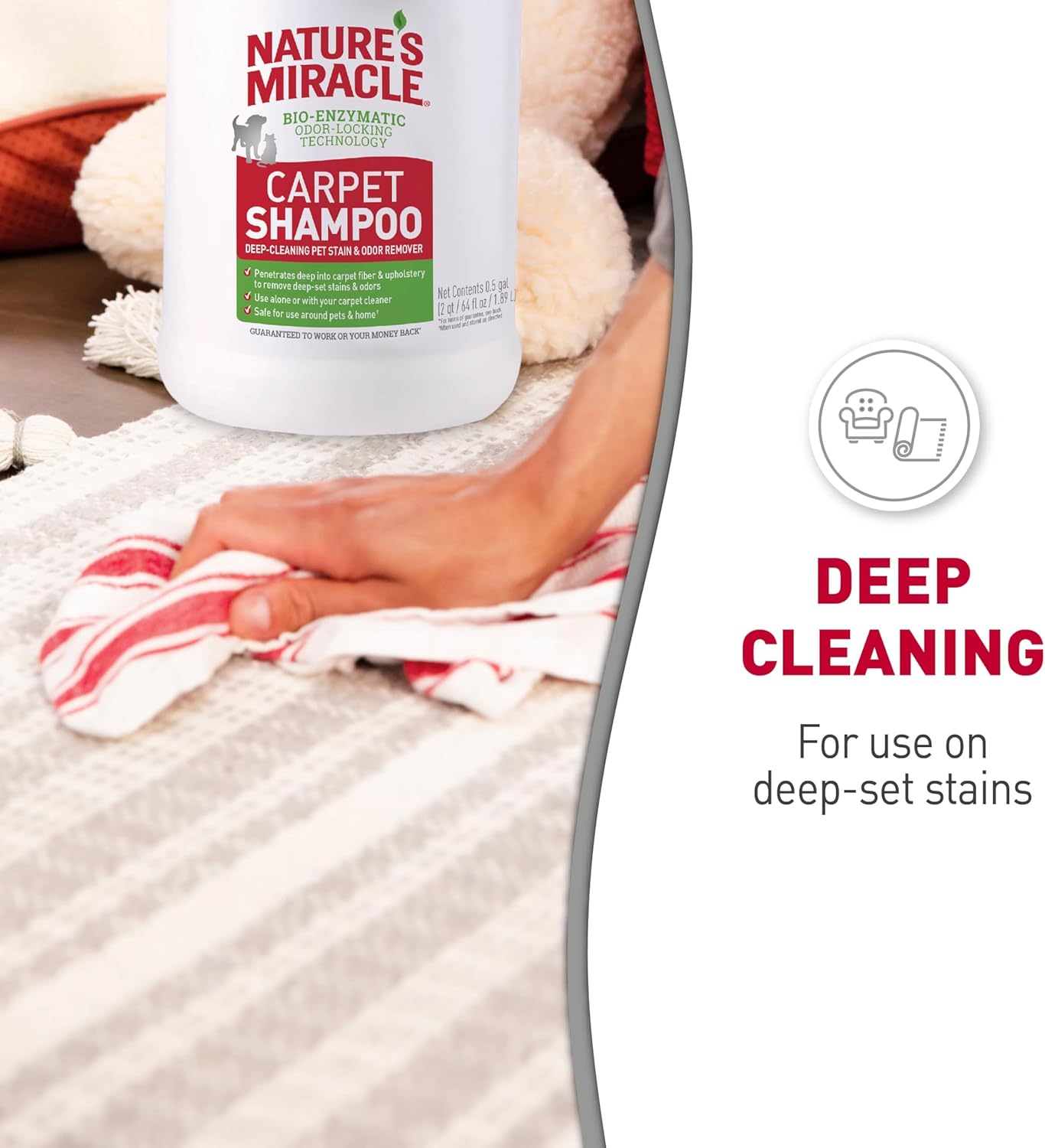 Nature's Miracle Carpet Shampoo in use removing pet stains from carpet