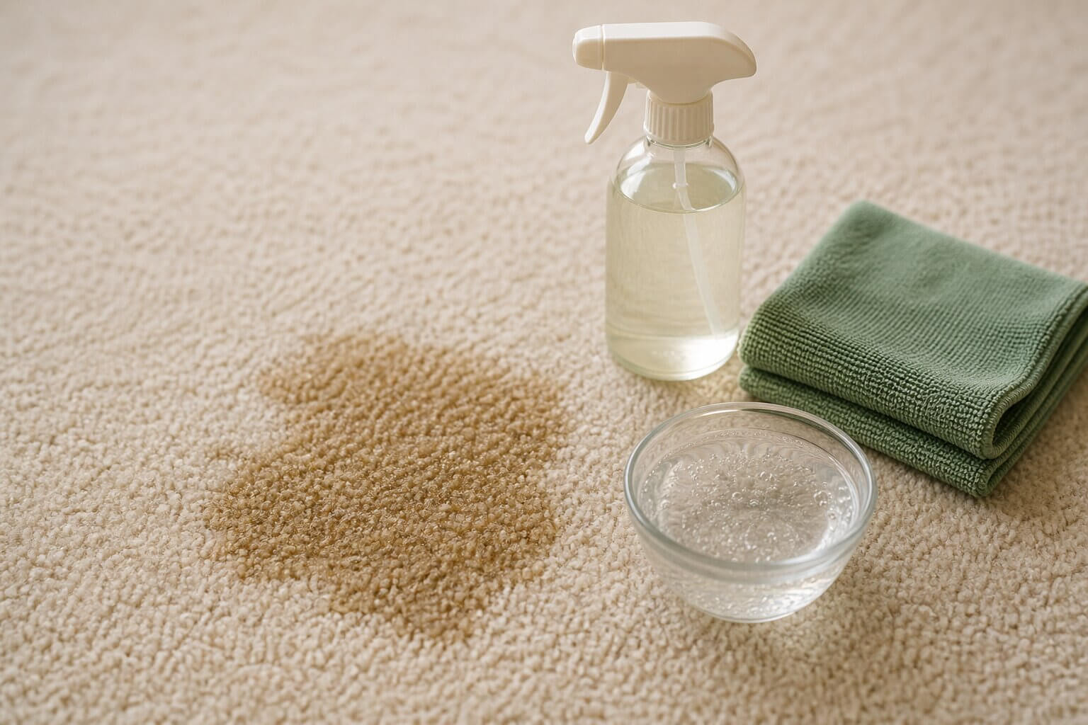 Common carpet stain types and eco-friendly treatment methods including red wine, coffee, pet urine, and grease